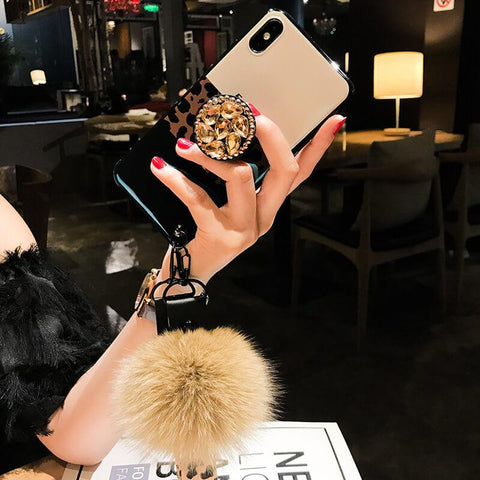 Image of Leopard Airbag Bracket Case with Plush Ball For iPhone