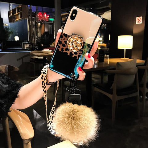 Image of Leopard Airbag Bracket Case with Plush Ball For iPhone