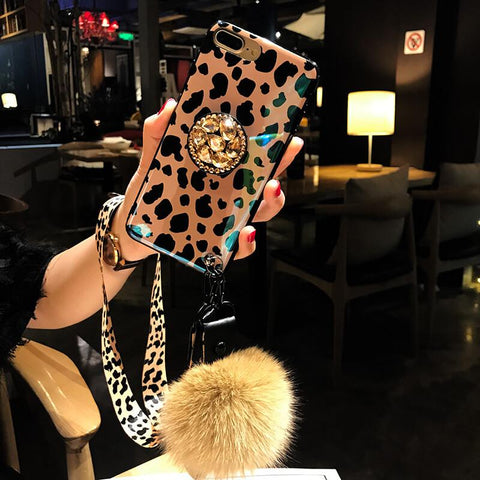 Image of Leopard Airbag Bracket Case with Plush Ball For iPhone