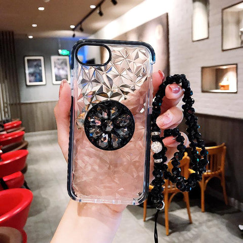 Image of 3D Diamond Transparent Shockproof PopSocket Case With Crystal Chain For iPhone