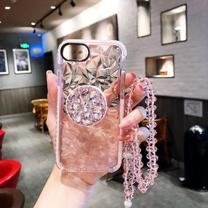 3D Diamond Transparent Shockproof PopSocket Case With Crystal Chain For iPhone