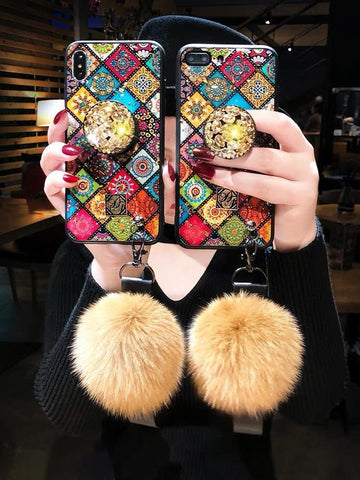 Image of Bohemian Airbag Bracket Foxfur Ball iPhone Case