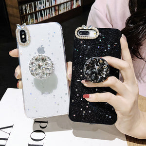 Luxury Bling Diamond Airbag Bracket Epoxy Stars and Moon Soft Case Cover For iPhone