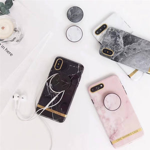 2019 New Retro Marble Pattern iPhone Case With Fur Ball Phone Holder