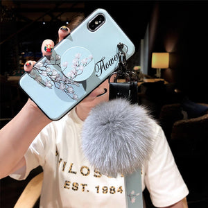 2019 New Retro Flower Printing iPhone Case With Phone Holder Fur Ball And String