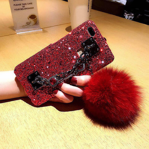 Image of Dazzling Plush Ball Glitter Airbag Mobile Phone Case For iPhone (With Bracket )