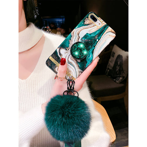 Image of Luxury Marble Pattern Silicone Gel iPhone Case With Fur Ball And String