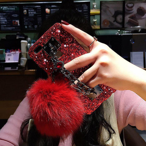 Image of Dazzling Plush Ball Glitter Airbag Mobile Phone Case For iPhone (With Bracket )