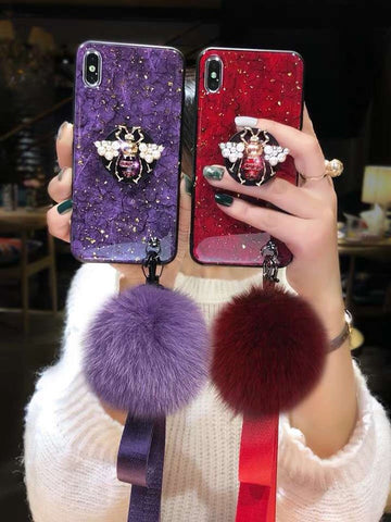 Image of 2019 New Bee-shaped iPhone & Samsung & HUAWEI Case with PopSockets and Hairball and 2 Lanyards