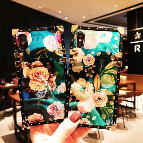 Image of 2019 New Floral Blue Square Rivet iPhone Case