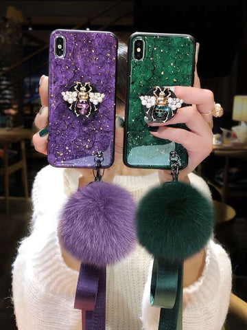 Image of 2019 New Bee-shaped iPhone & Samsung & HUAWEI Case with PopSockets and Hairball and 2 Lanyards