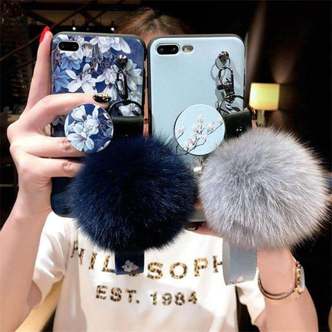 Image of 2019 New Retro Flower Printing iPhone Case With Phone Holder Fur Ball And String