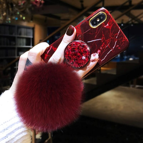 Image of 2019 New Retro Marble Pattern iPhone Case With Fur Ball Phone Holder