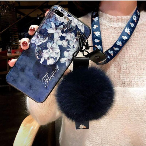 Image of 2019 New Retro Flower Printing iPhone Case With Phone Holder Fur Ball And String