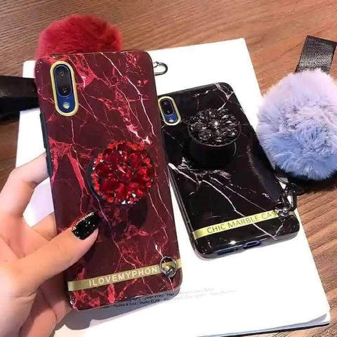 Image of 2019 New Retro Marble Pattern iPhone Case With Fur Ball Phone Holder