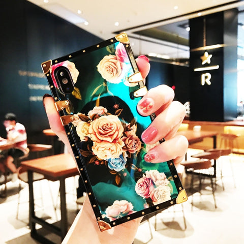 Image of 2019 New Floral Blue Square Rivet iPhone Case