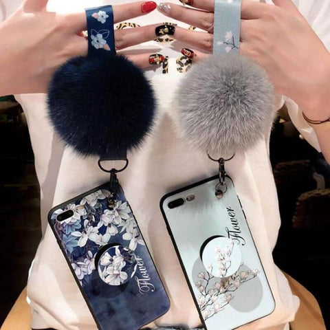 Image of 2019 New Retro Flower Printing iPhone Case With Phone Holder Fur Ball And String