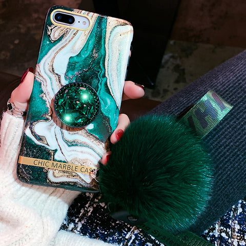 Image of Luxury Marble Pattern Silicone Gel iPhone Case With Fur Ball And String