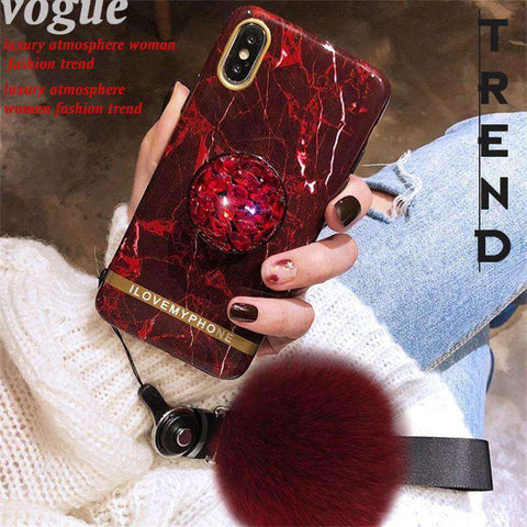 Image of 2019 New Retro Marble Pattern iPhone Case With Fur Ball Phone Holder