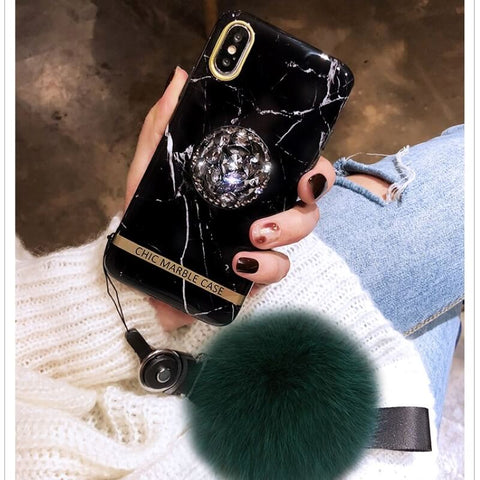 Image of 2019 New Retro Marble Pattern iPhone Case With Fur Ball Phone Holder