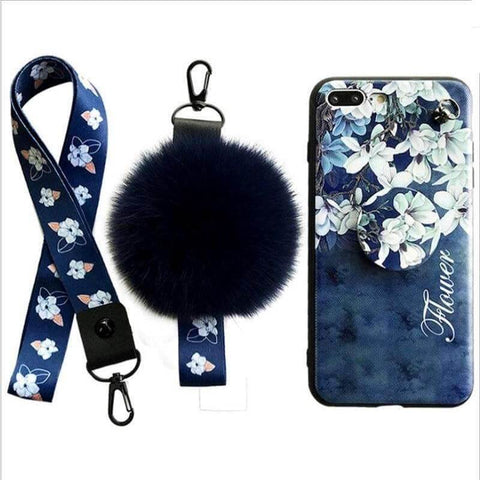 Image of 2019 New Retro Flower Printing iPhone Case With Phone Holder Fur Ball And String