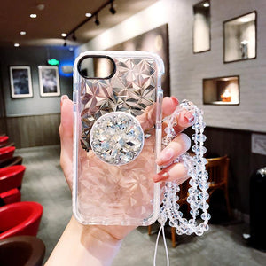 3D Diamond Transparent Shockproof PopSocket Case With Crystal Chain For iPhone