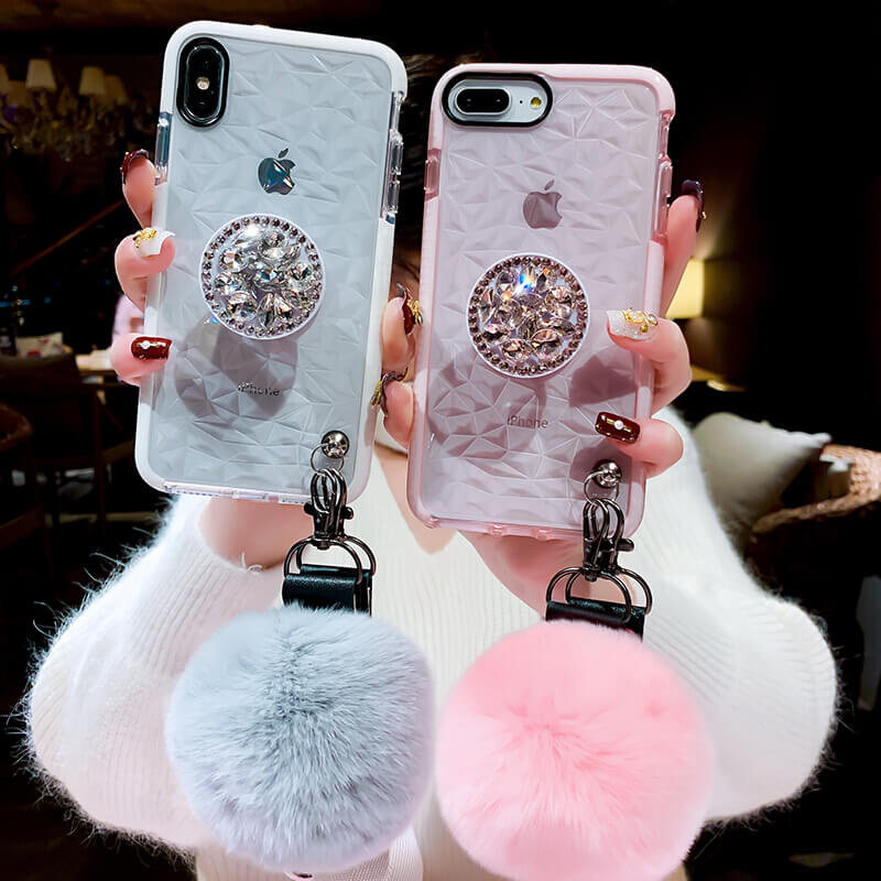 2019 New Diamond-shaped iPhone Case with PopSockets and Hairball