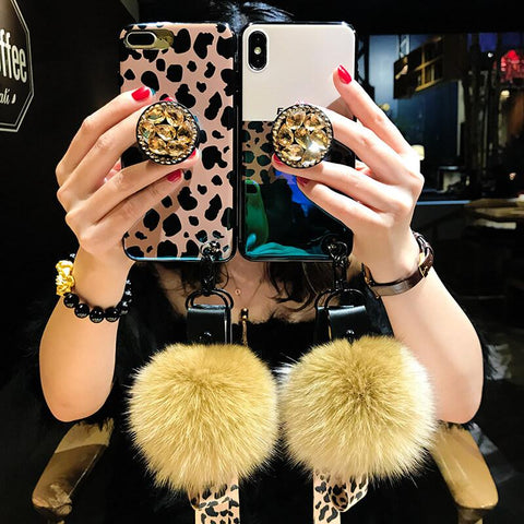 Image of Leopard Airbag Bracket Case with Plush Ball For iPhone
