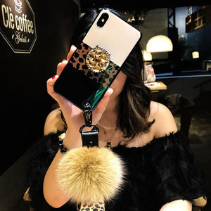 Leopard Airbag Bracket Case with Plush Ball For iPhone