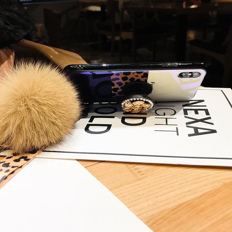 Leopard Airbag Bracket Case with Plush Ball For iPhone
