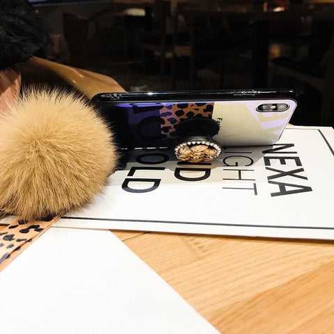 Image of Leopard Airbag Bracket Case with Plush Ball For iPhone