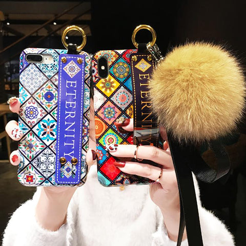 Image of Luxury Wristband Bohemia Foxfur Ball Phone Case For iPhone