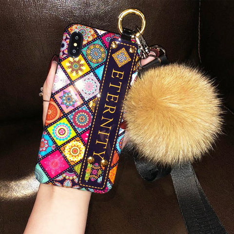 Image of Luxury Wristband Bohemia Foxfur Ball Phone Case For iPhone