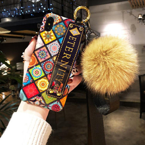 Image of Luxury Wristband Bohemia Foxfur Ball Phone Case For iPhone