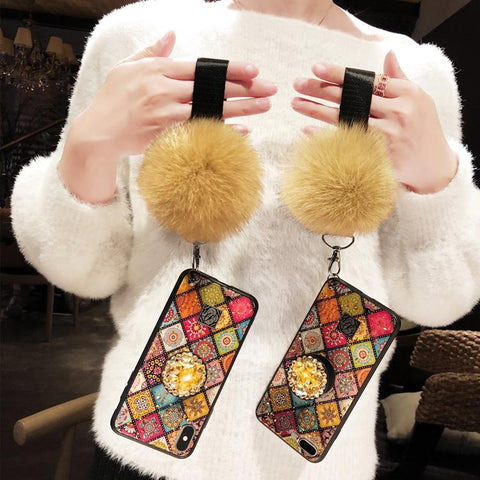 Image of Bohemian Airbag Bracket Foxfur Ball iPhone Case